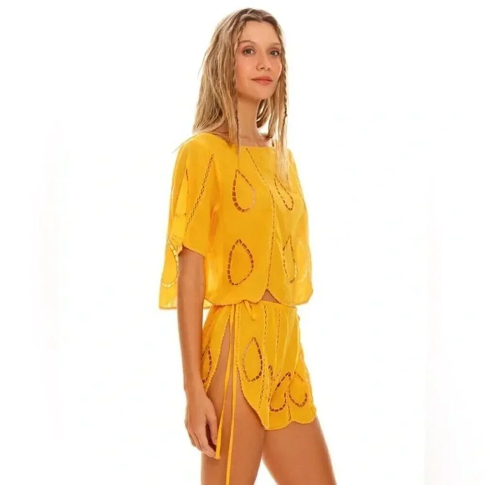 New Agua Bendita Bree Eames Embroidery Yellow Cover-Up Cut Shorts NWT